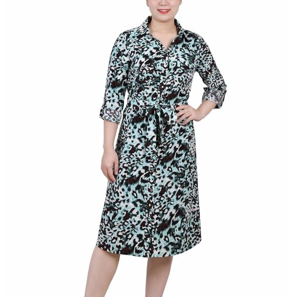 NY Collection Aqua Animal Printed Long Sleeve Roll Tab Shirtdress PL NWT - Picture 2 of 4